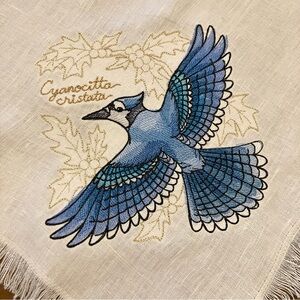 NWT Pottery Barn Linen Table Throw w/ added Christmas blue jay embroideries OOAK